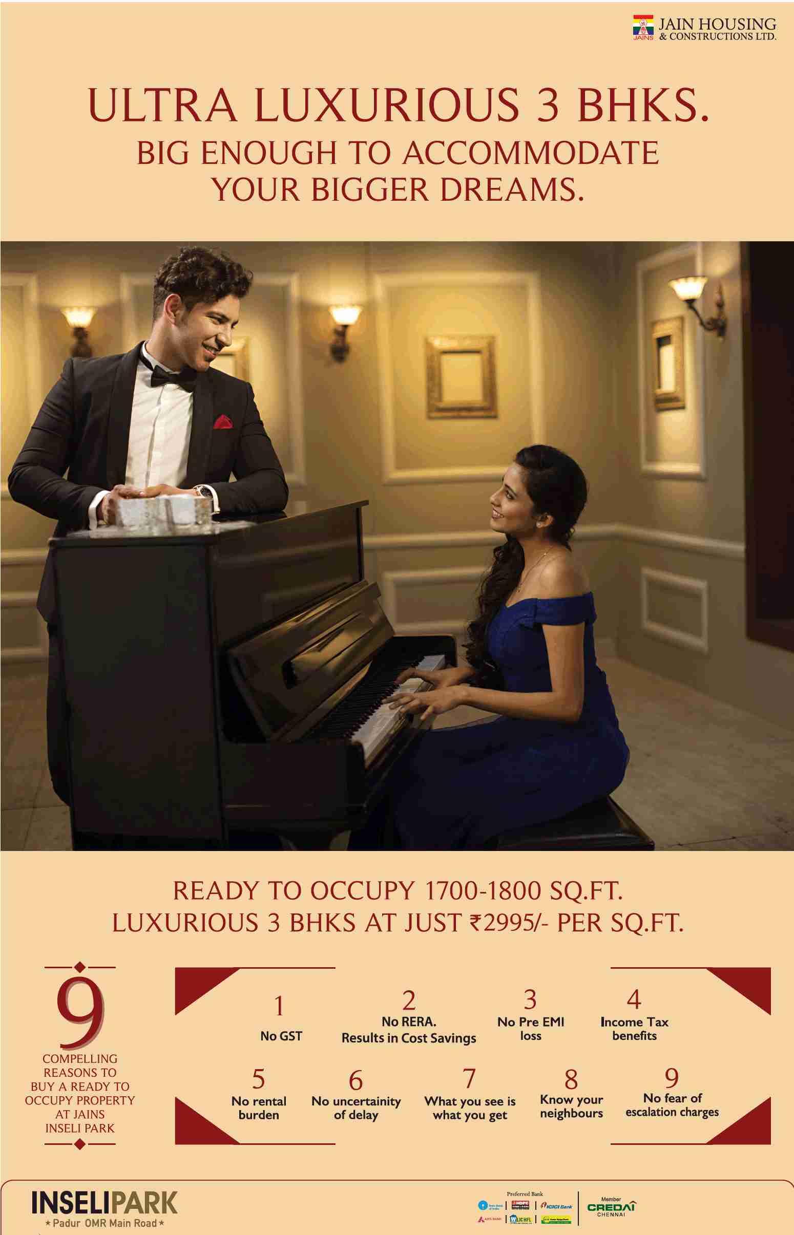 Book ready to occupy 3 BHK homes @ 2995 per sq.ft. at Jain Inseli Park in Chennai